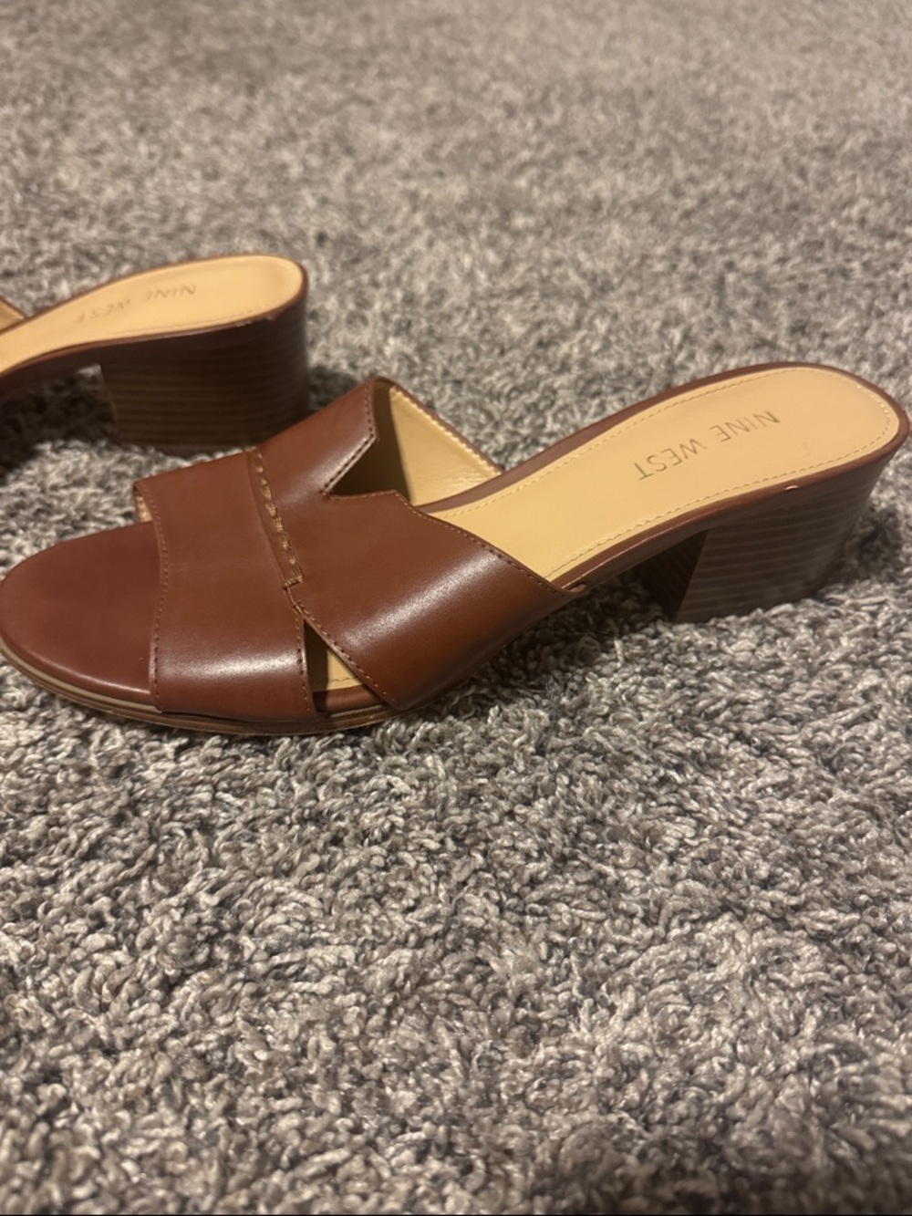 Nine West Brown Leather Block Heel Slide Mules
